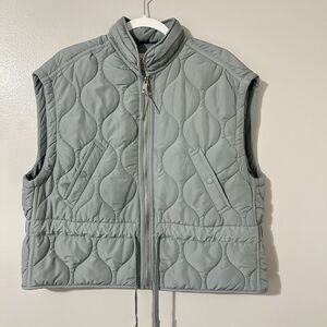 ZARA Women's Quilted Puffer Vest Size L Mock Neck Pockets Hidden Hoodie Gray